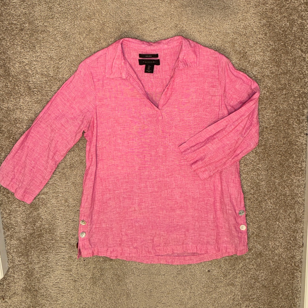 Tahari Pink Linen Blouse with Mother of Pearl Button Accents